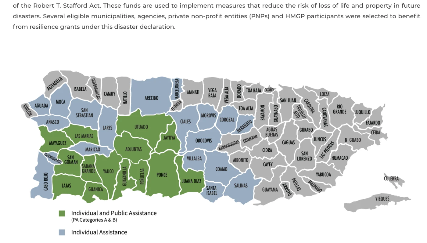 Map of Puerto Rico municipalities affected by the 2019–2020 earthquakes