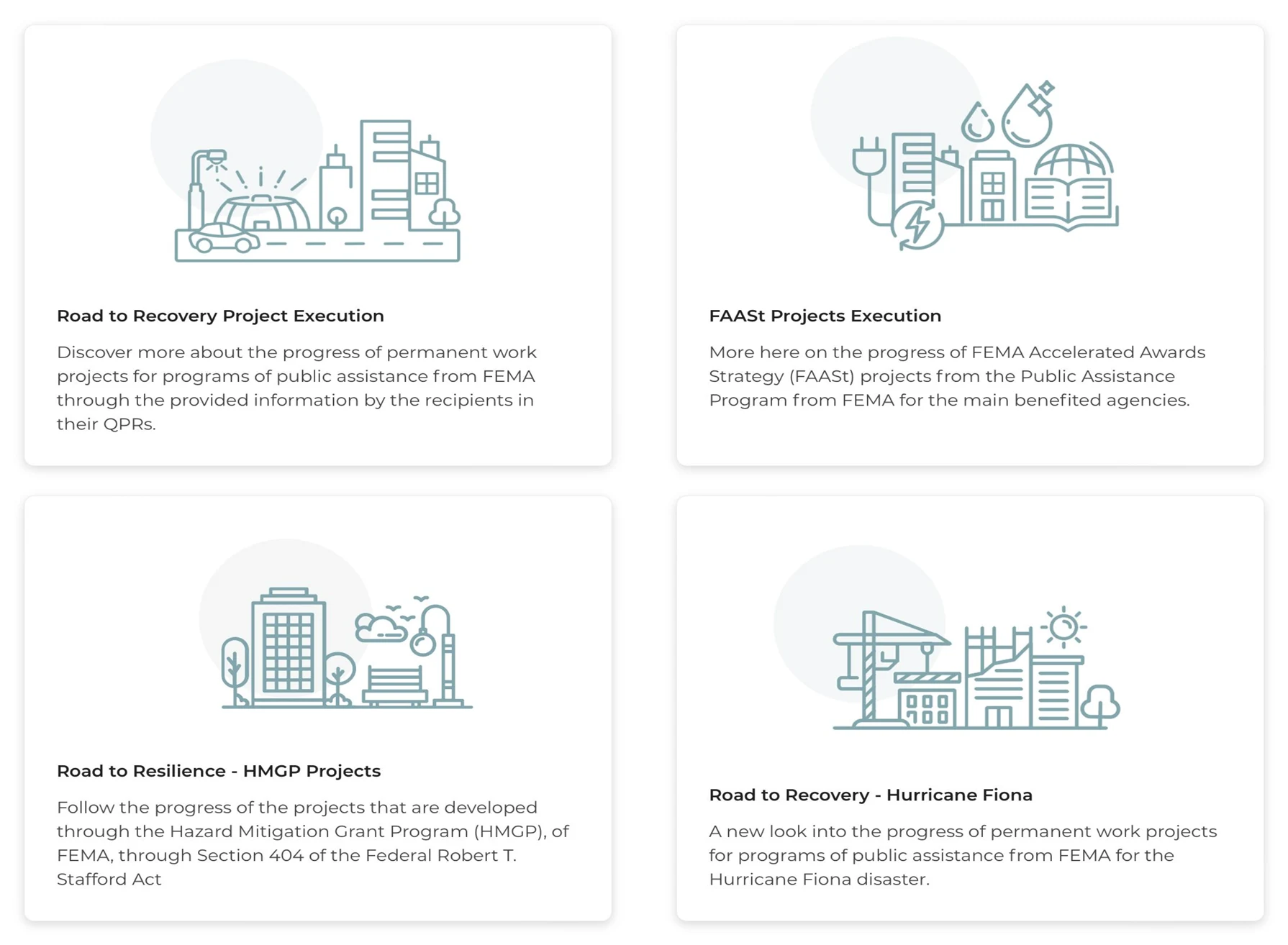 Illustration cards for Road to Recovery, FAASt project execution, HMGP resilience projects, and Hurricane Fiona recovery