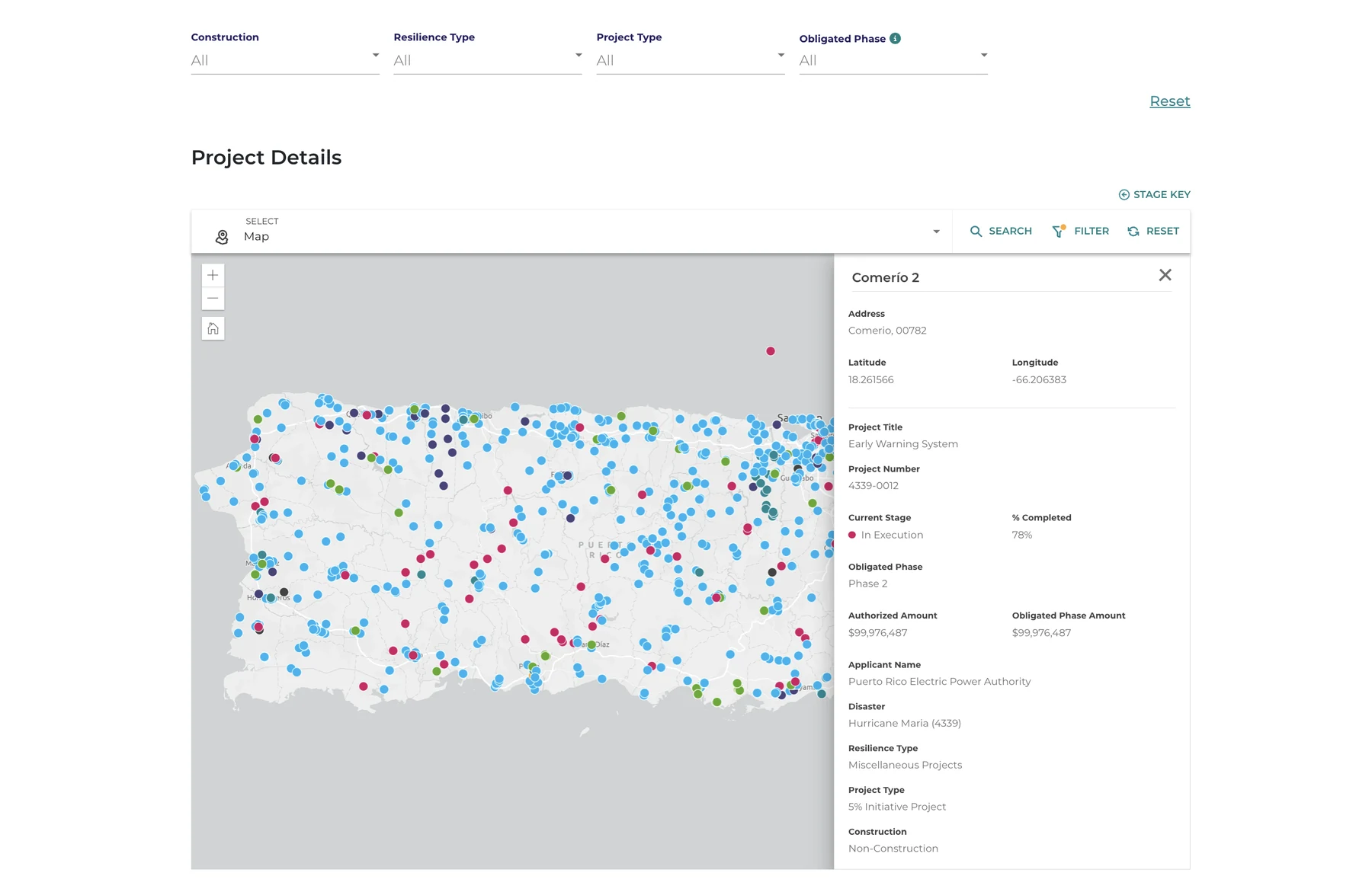 Transparency Portal interactive Puerto Rico recovery project map with filters and project detail panel