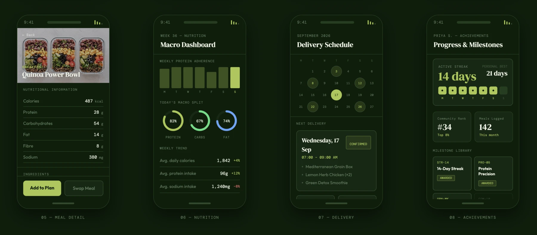 Green Platter dark-theme meal detail, nutrition, delivery, and achievement screens