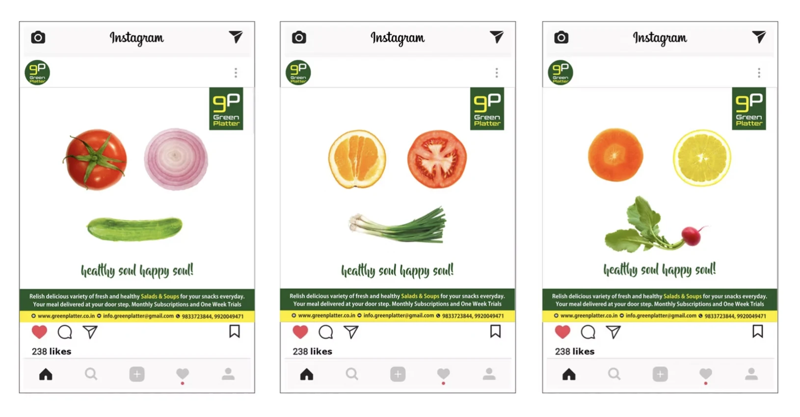 Three Green Platter Instagram campaign concepts using fresh ingredients