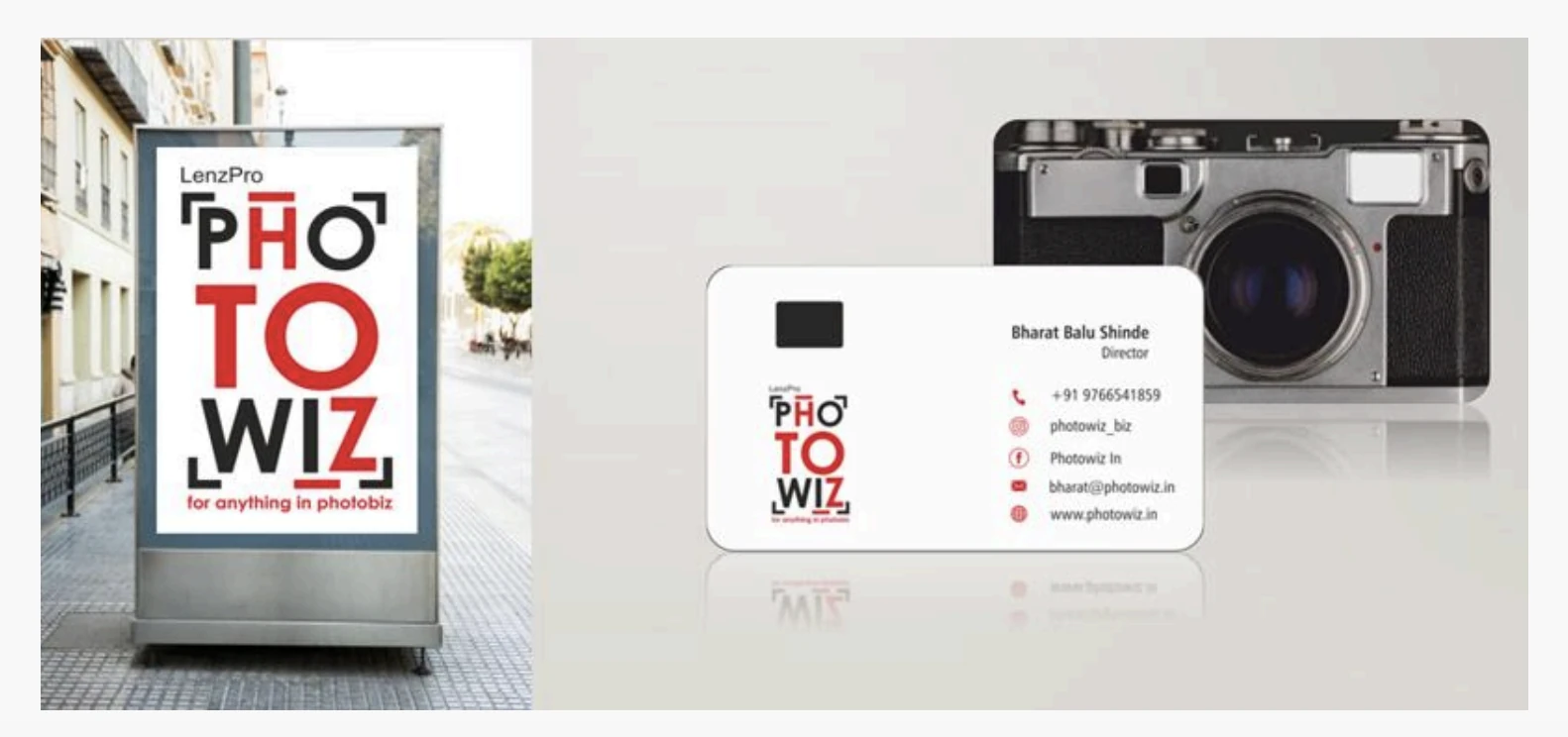 Photowiz logo applied to a street billboard and business card
