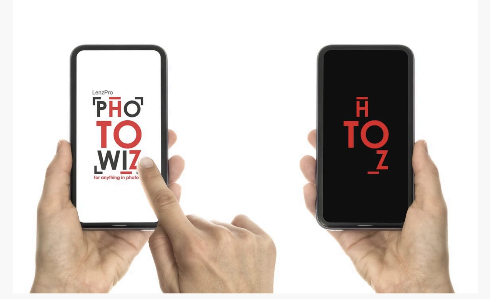 Photowiz identity shown on light and dark mobile screens