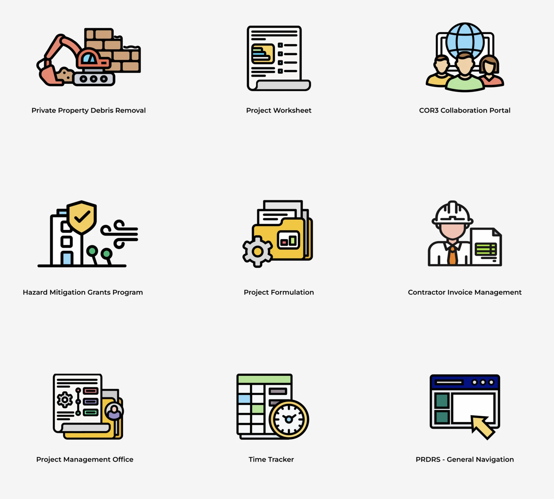 Disaster Recovery System illustration library for debris removal, project worksheets, collaboration, grants, formulation, invoicing, PMO, time tracking, and navigation